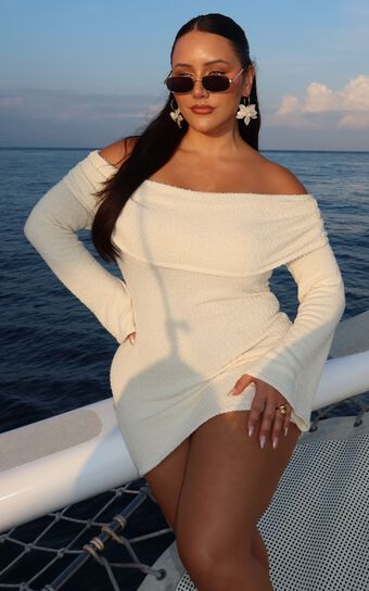 Pietra Mini Dress - Knitted Off Shoulder Dress in Cream
