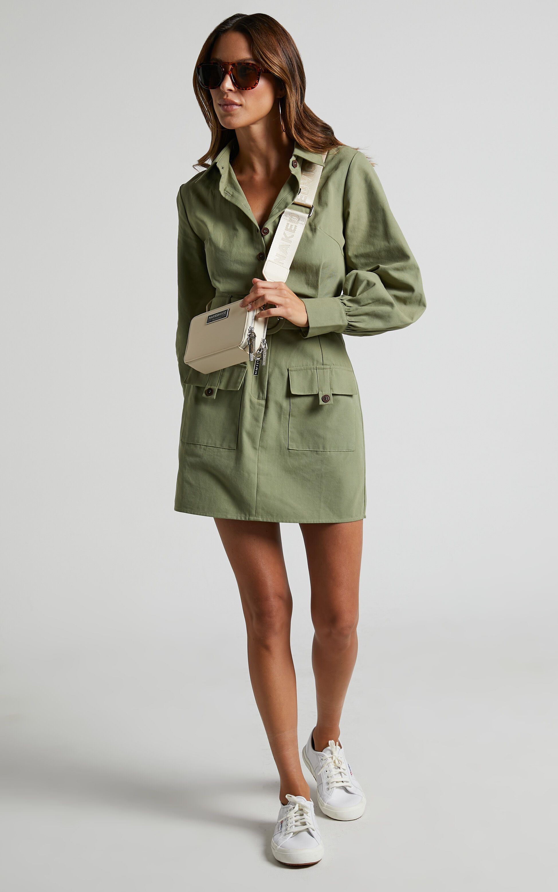Tymika Mini Dress - Button Up Belted Dress in Khaki | Showpo