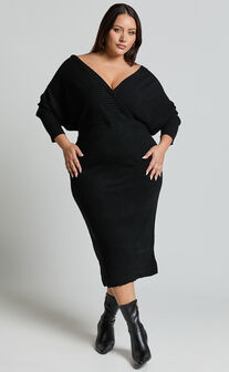 Sheika Midi Dress - Long Sleeve Off Shoulder Knit Dress in Black
