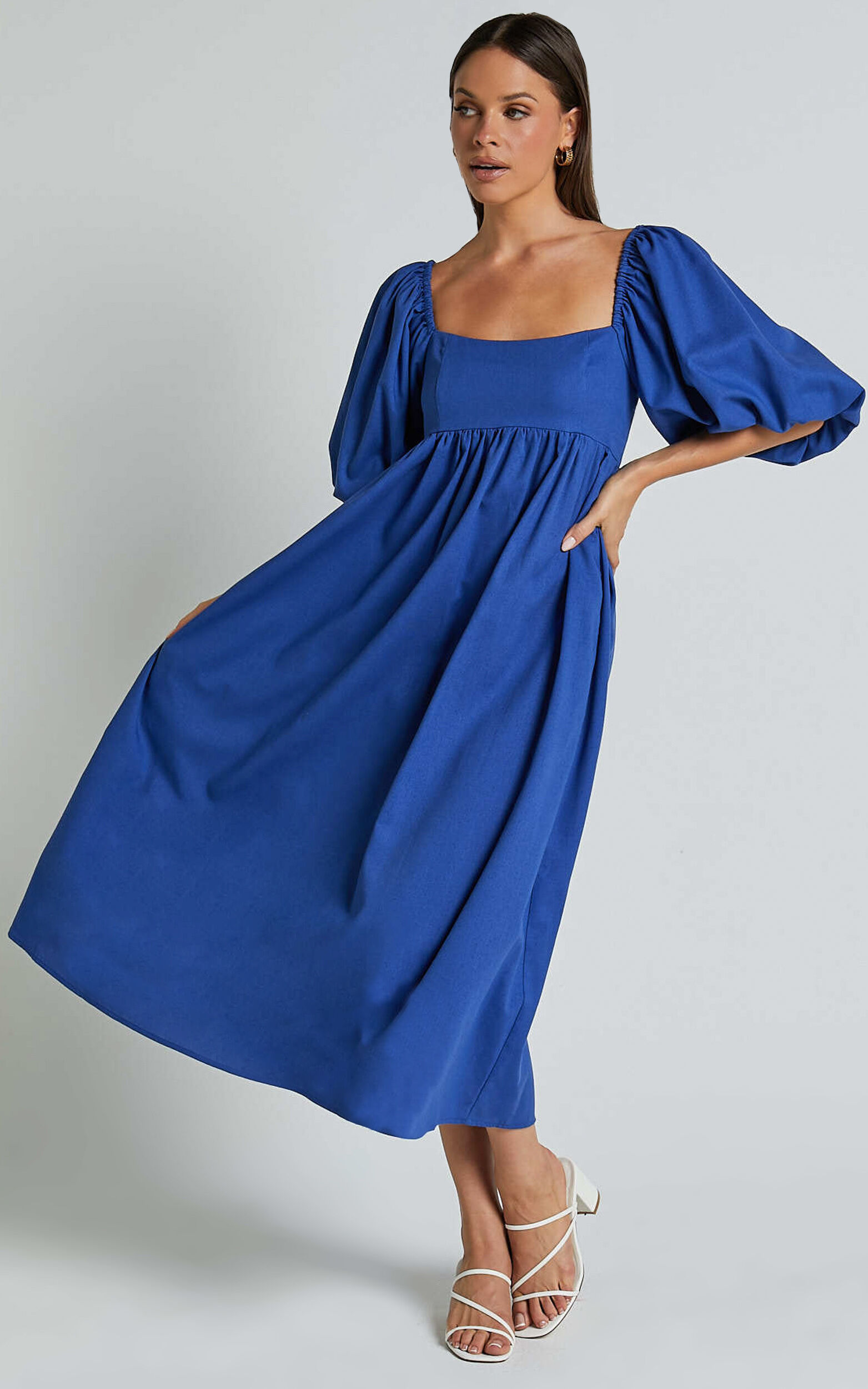 Cenia Midi Dress Linen Look Straight Neck Shirred Back Puff Sleeve Dress in Bright Blue Showpo USA