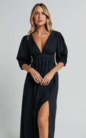 Eidie Midi Dress - Linen Look Puff Sleeve Open Tie Back Flare Dress in Black | Showpo USA