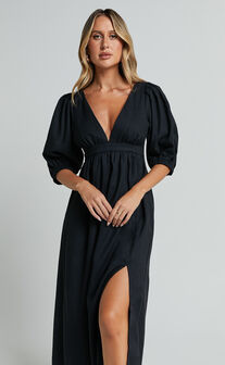Eidie Midi Dress - Linen Look Puff Sleeve Open Tie Back Flare Dress in Black