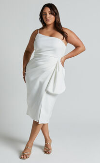 Marcelita Midi Dress - One Shoulder Drape Detail Faux Wrap Dress in White