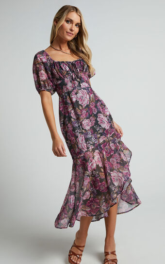 Jasalina Midi Dress - Puff Sleeve Dress in Harvest Floral
