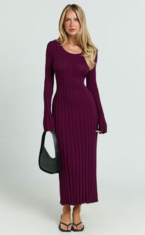 Blaire Midi Dress - Long Sleeve Tie Back Flare Dress in Wine