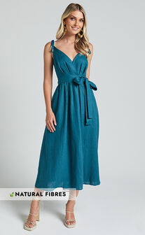 Amalie The Label - Siena Linen Tie Shoulder Wrap Midi Dress in Moss
