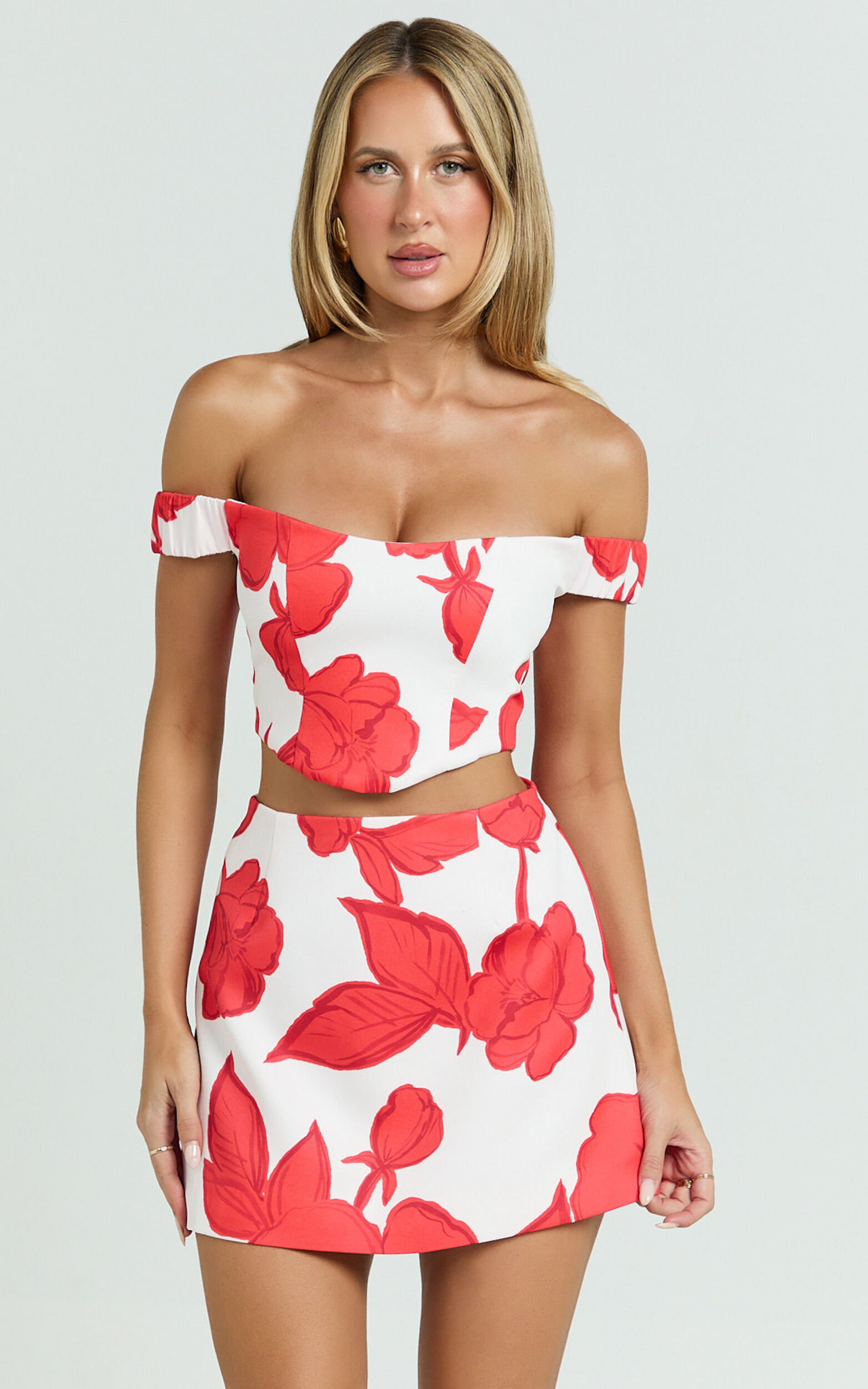 Darcy Top - Off Shoulder Printed Corset Top in Bouquet Di Fiori - 06, PNK1