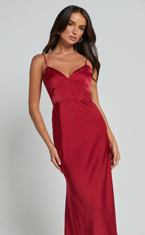 Jovana Midi Dress - Bust Panel Detail Satin Slip Dress in Wine