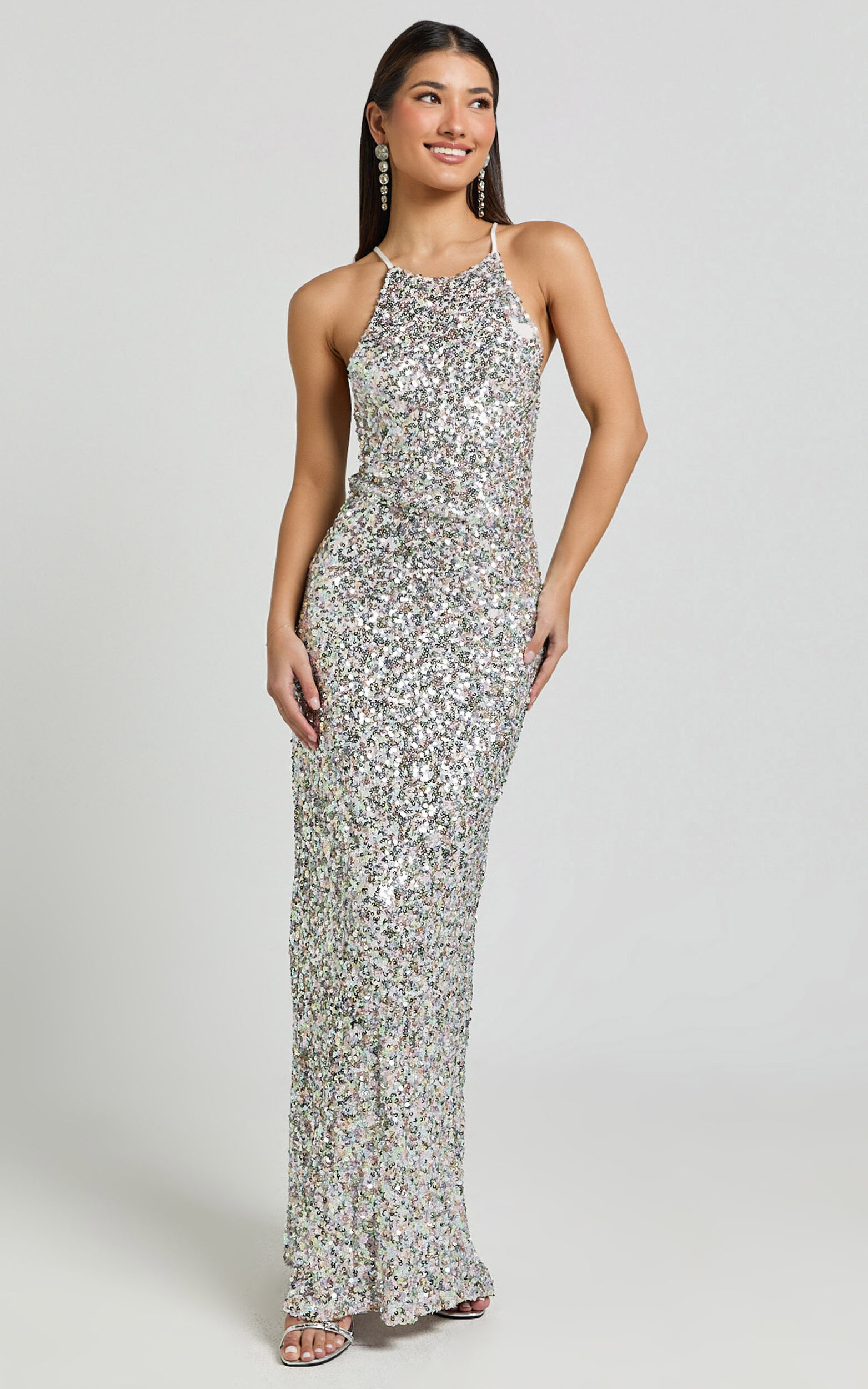 Frieda Maxi Dress - Halter Neck Cross Back Sequin Dress in Rainbow Silver | Showpo