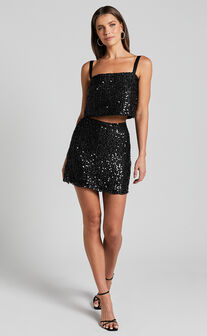 Imogen Two Piece Set - Bandeau Top and Straight Pants Set in Black Sequin