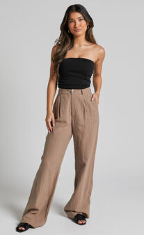 Larissa Trousers - Linen Mid Waisted Relaxed Straight Leg Trousers in Mushroom