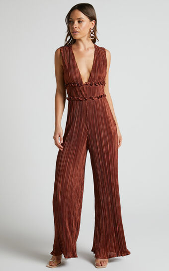 Armida Jumpsuit - Plunge Neck Wide Leg Plisse Jumpsuit in Copper