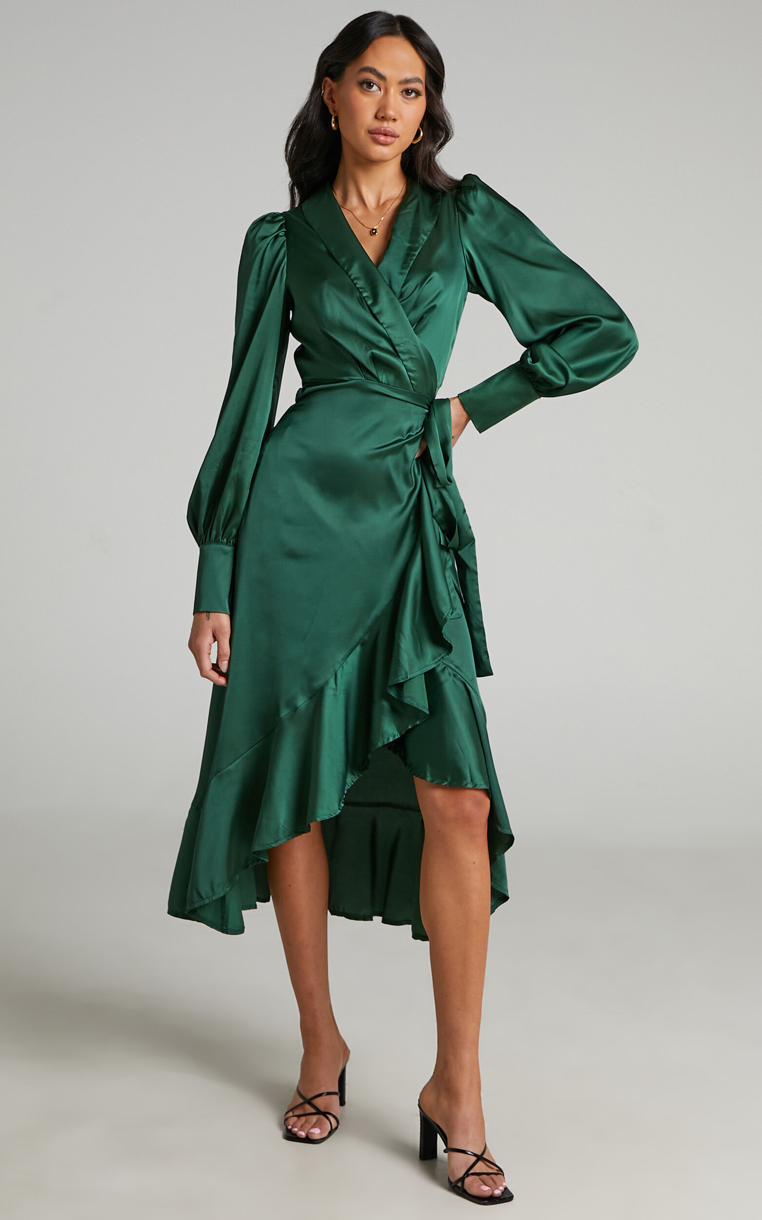 Rada Midi Dress Long Sleeve Frill Wrap Dress in Forest Green