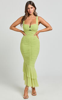 Kody Midi Dress - Bodycon Ruched Mesh Cut Out Dress in Lime