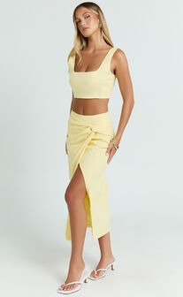 Gibson Two Piece Set - Linen Crop Top and Knot Front Midi Skirt Set in Yellow