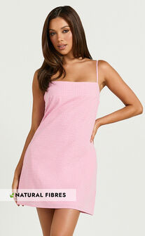 Mavie Mini Linen Dress - Linen Strappy Shift Dress in Pink Gingham