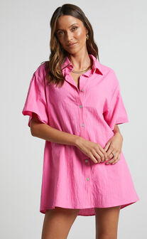 Vina Del Mar Two Piece Set - Linen Look Shirt and Shorts Set in Hot Pink