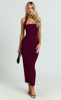 Salome Midi Dress - Halter Neck Column Dress in Wine