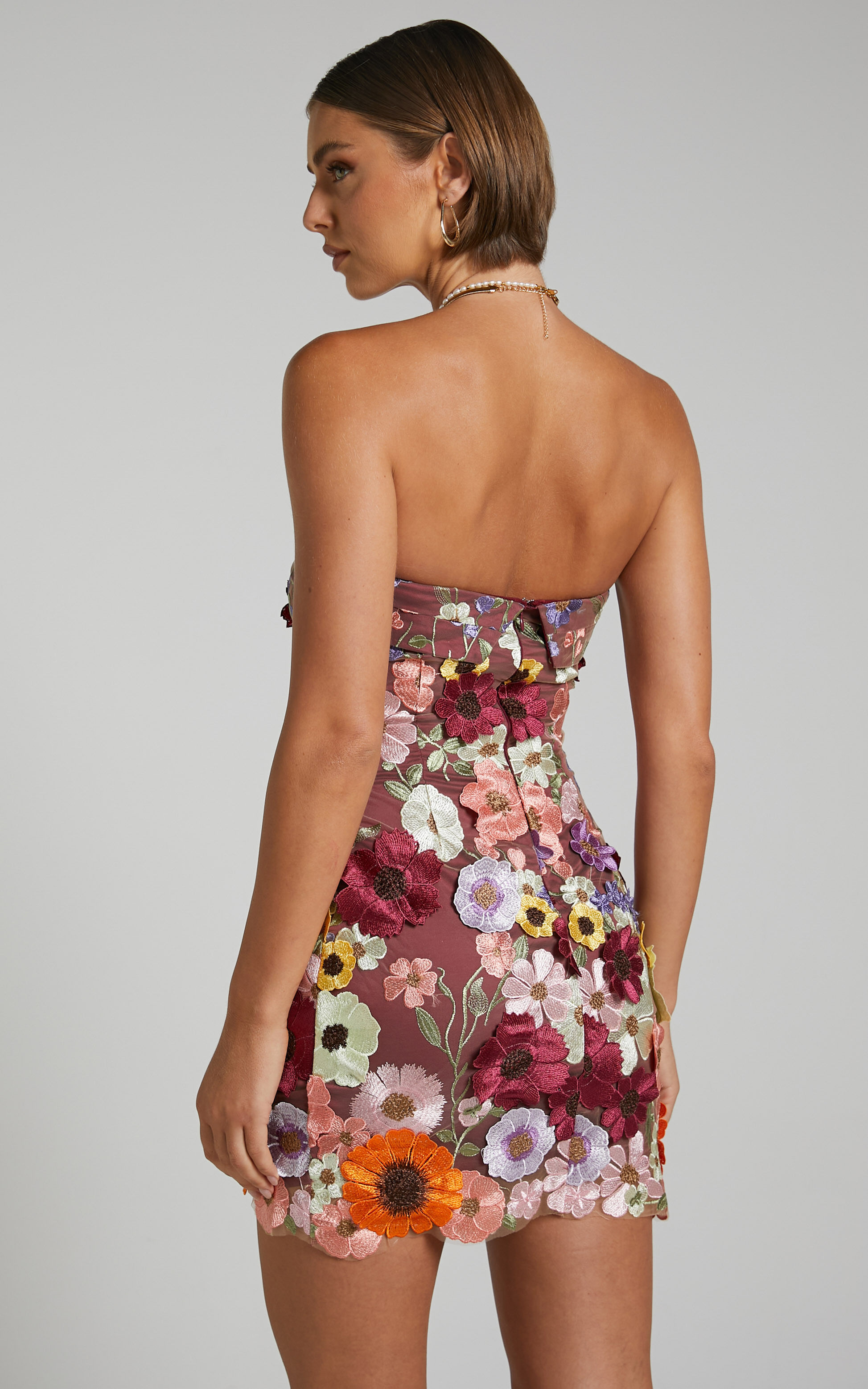 Wren Mini Dress Strapless Bodycon Garden Flowers Dress in Burgundy