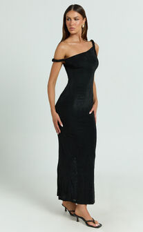 Isabel Midi Dress - Twist Off Shoulder Bodycon Dress in Black