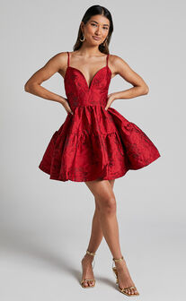 Britany Mini Dress - V Neck Tiered Strappy Tiered Fit and Flare Dress in Red