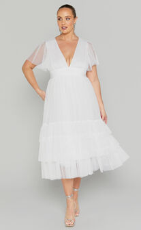 Jiraye Midi Dress - Flutter Sleeve Tuelle Plunge Dress in White