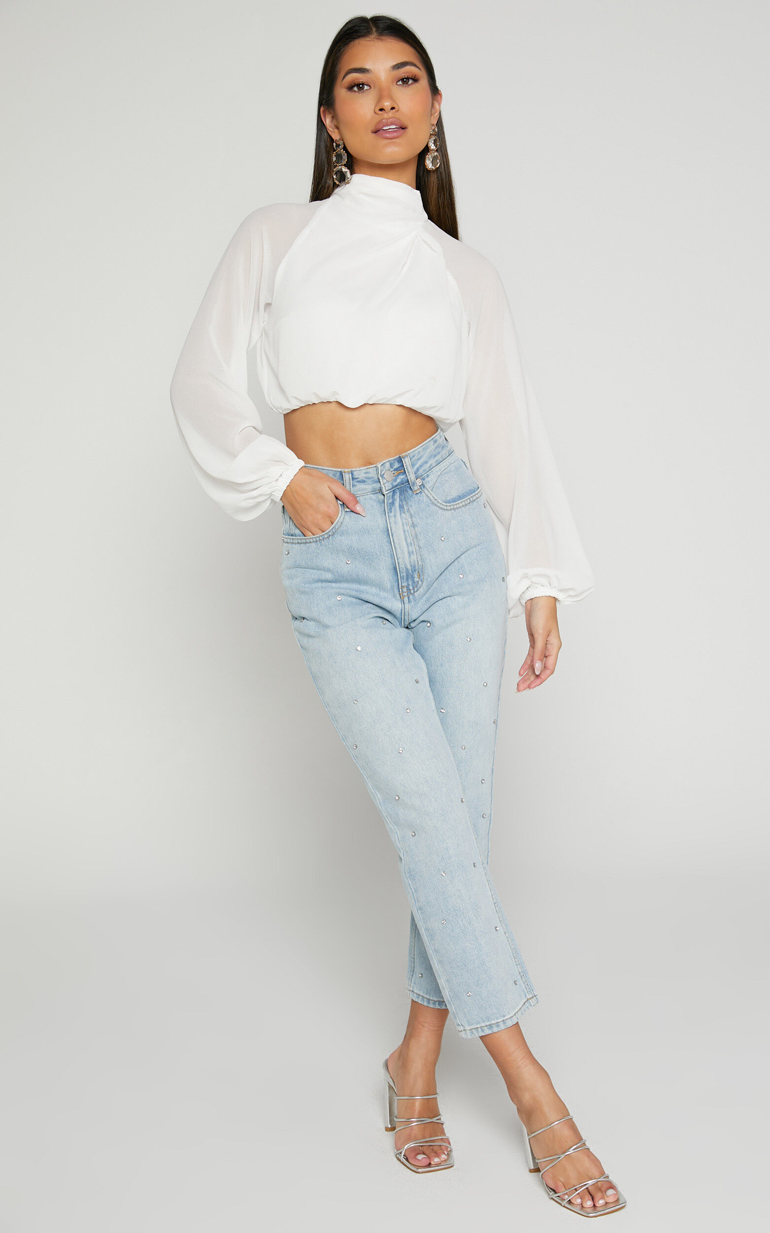 White sheer long sleeve blouse on sale