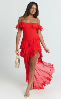 Brigitte Maxi Dress - Halter Off Shoulder Georgette Ruffle Tiered Dress in Red
