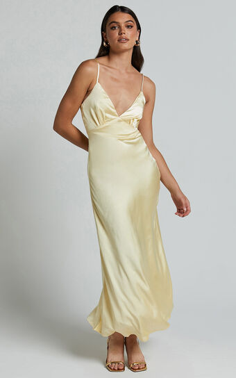 Lorenzia Maxi Dress - Plunge Corset Underbust Detail Satin Dress in Lemon