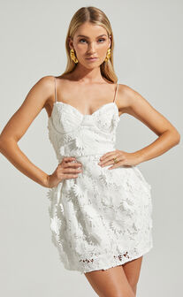 Attilie Mini Dress - Sweetheart Bustier 3D Floral in White