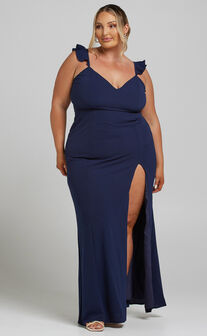 More Than This Midi Dress - Ruffle Strap Thigh Split Dress in Navy