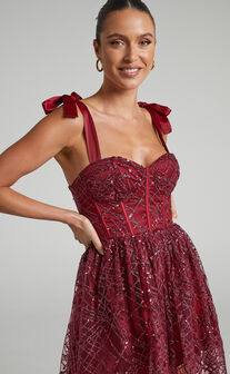 Rimea Midi Dress - Tie Shoulder Bustier Bodice Glitter Tulle Dress in Berry