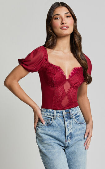 Lara Bodysuit - Lace Detail Sweetheart Short Sleeve Bodysuit in Cherry Red