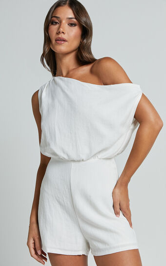 Cinda Playsuit - One Shoulder Playsuit in Off White