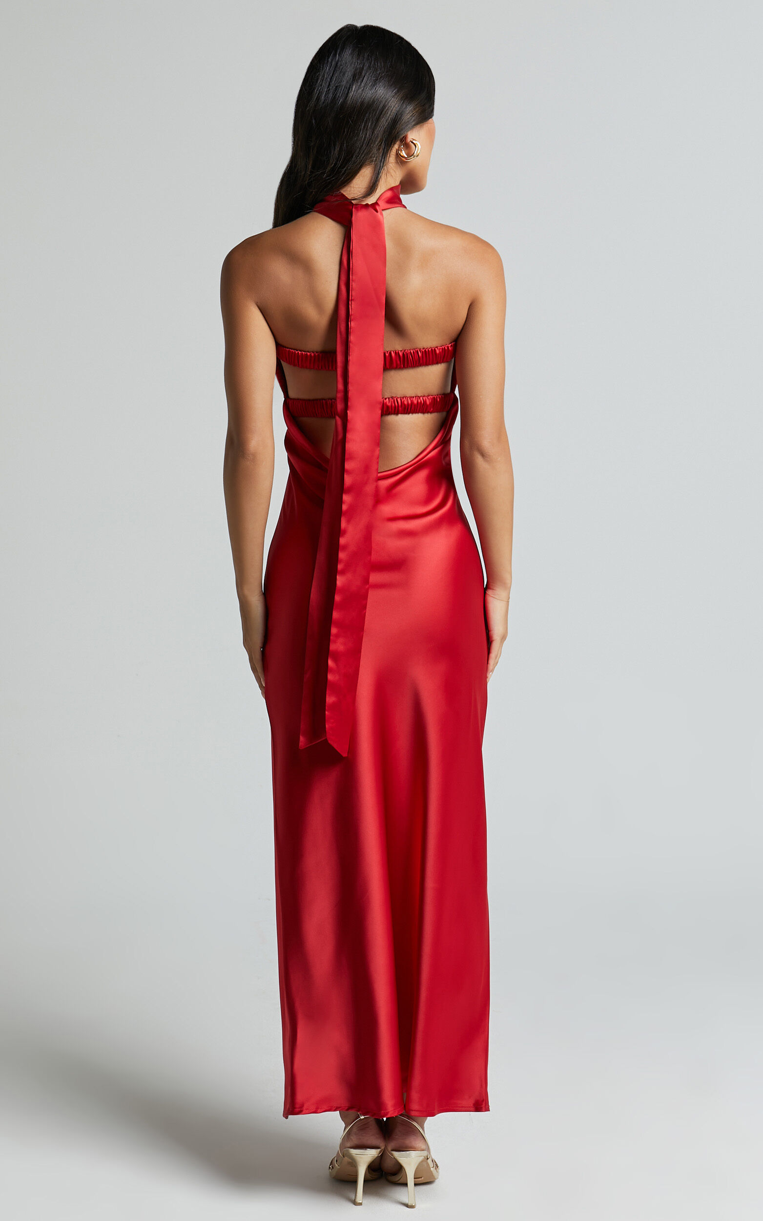 Cady Maxi Dress - Ruched Bust Rosette Detail Satin Dress in Red | Showpo