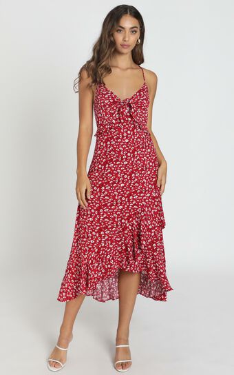 Chelsea Tie Front Midi Dress in Red Floral