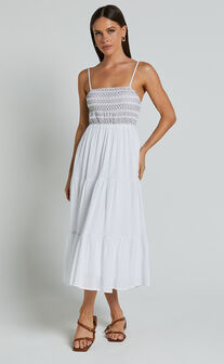 Gloria Midi Dress - Strappy Straight Neck Tiered Dress in White