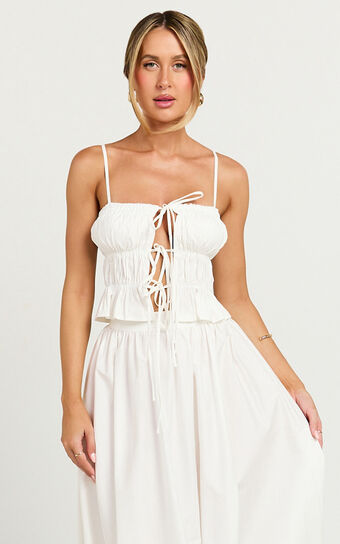 Preston Top - Ruched Tie Front Camisole Top in White