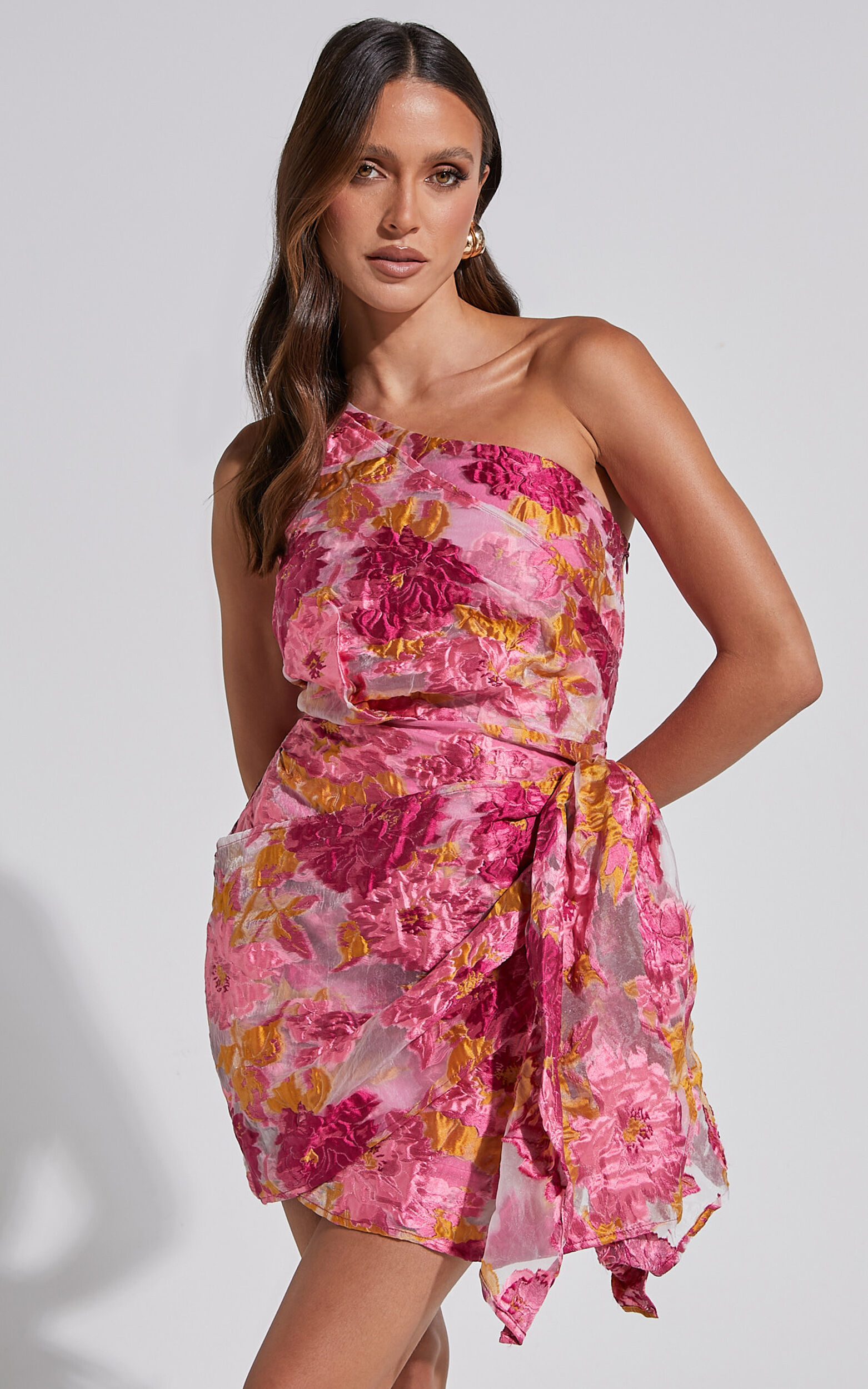 Brailey Mini Dress One Shoulder Wrap Front Dress in Pink Jacquard Showpo USA