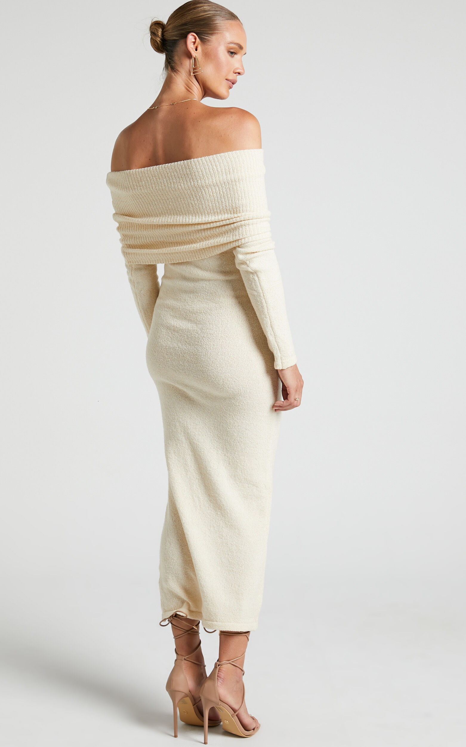 Ehmie Midi Dress - Knit Folded Off Shoulder Long Sleeve Dress in