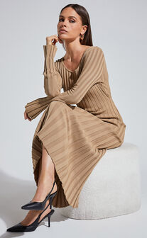 Blaire Midi Dress - Long Sleeve Tie Back Flare Dress in Roasted Cashew