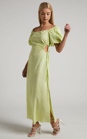 Ebony Maxi Dress - Side Cut Out Square Neck Puff Sleeve Dress in Citrus