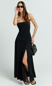 Harlee Maxi Dress - Strapless Drop Waist Knit Bodice Full Gathered Skirt Dress in Black