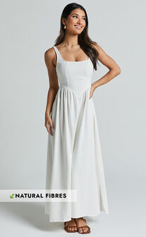 Rhaziya Midi Dress - Sleeveless Straight Neck Fit and Flare Dress in White
