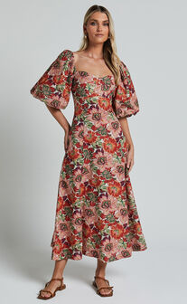 Amalie The Label - Catalina Linen Blend Sweetheart Balloon Sleeve Midi Dress in Musee Print