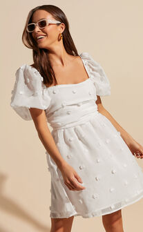 Ambera Mini Dress - Short Puff Sleeve Ruched Bodice A Line Dress in White