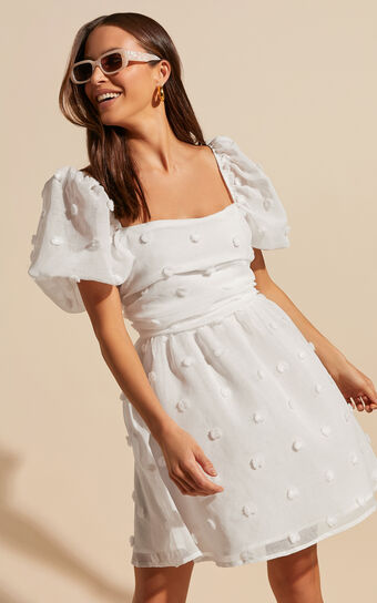 Ambera Mini Dress - Short Puff Sleeve Ruched Bodice A Line Dress in White Showpo