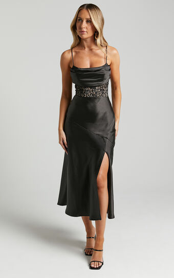Nessa Midi Dress - Cowl Neck Lace Insert Detail Satin Dress in Black