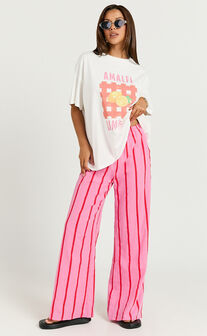 Gladiola Two Piece Set - Amalfi Limone Oversized Tee and Stripe Pant Set in Pink/Red