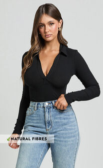 Amira Top - V Neck Long Sleeve Collared Bodysuit in Black